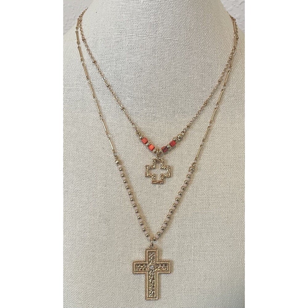 Goldtone Two Cross Double Strand Beaded Necklace For Women Inspirational